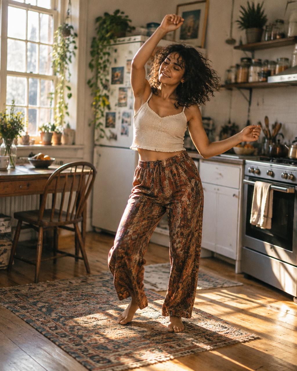 A dancer moving in a sunlit kitchen